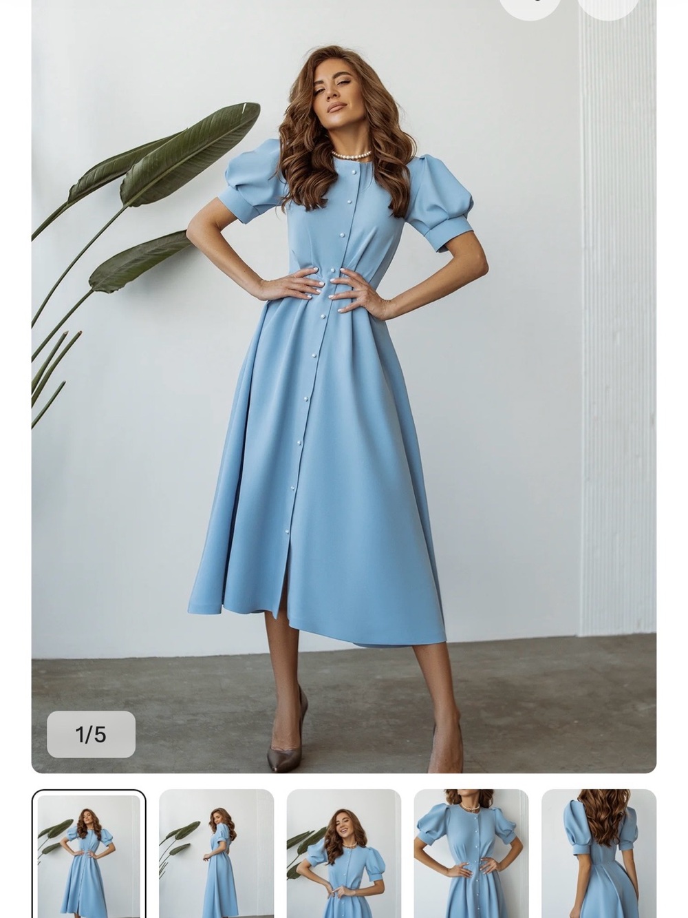 Puff-Sleeve Light Blue Midi Dress with Button Front
